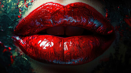 Very Close Up View of Beautiful Woman Lips With Red Color Paint Glossy Lipstick Selective Focus - obrazy, fototapety, plakaty
