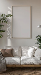 Mockup poster blank frame hanging above a Settee in aliving room, modern interior minimalist style
