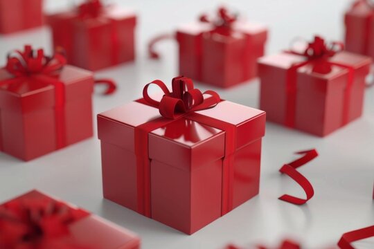 stylized 3d render of festive red christmas gift boxes with ribbons on white