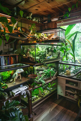 Fototapeta na wymiar Reptile Enthusiast’s Haven: A Fascinating Indoors With Tropical Terrariums and Unique Reptiles