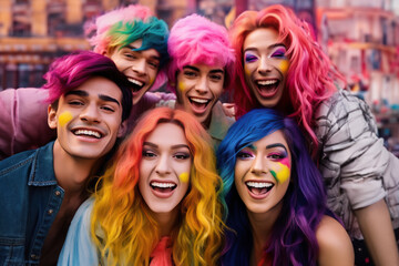 Fototapeta premium Happy diverse friends with colorful hairstyles enjoying LGBT day