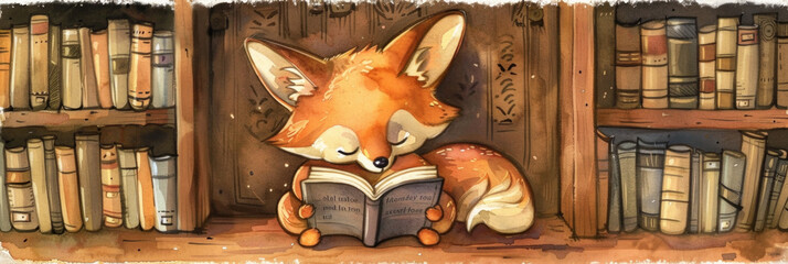 Fototapeta premium A contented fox sits among shelves of old books, absorbed in reading a tale of adventures