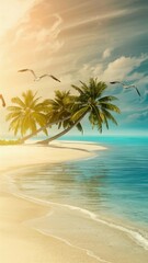 Fototapeta na wymiar Beautiful romantic background wallpaper for phone stories and social networks tropical coast with palm trees against the sun