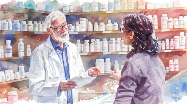 A man and a woman engaged in conversation while standing inside a pharmacy