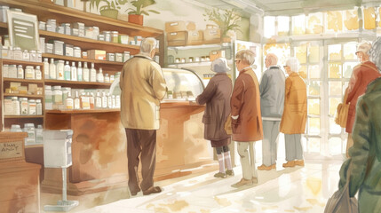 A painting depicting several individuals standing in a pharmacy, interacting with pharmacists and browsing shelves of medication and health products - obrazy, fototapety, plakaty