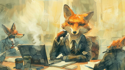Naklejka premium A painting portraying a fox sitting at a desk, looking focused and engaged in an unknown task