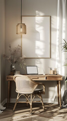 Mockup poster blank frame hanging above a Corner Desk in aliving room, modern interior minimalist style