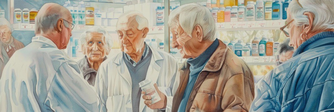 A painting depicting a scene inside a pharmacy with a group of men browsing shelves filled with medication and talking to the pharmacist