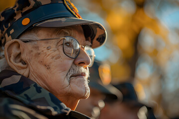 A celebration for Veterans Day, showing patriotism and gratitude for the military service and sacrifice. It includes a parade, American flag, and heartfelt remembrance. - obrazy, fototapety, plakaty