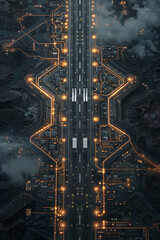 Aerial view of illuminated highway with circuit board pattern.
