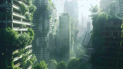 Obraz premium Overgrown Skyscrapers in Abandoned City Reclaimed by Lush Vegetation and Wildlife in a Post-Apocalyptic yet Hopeful Futuristic Landscape