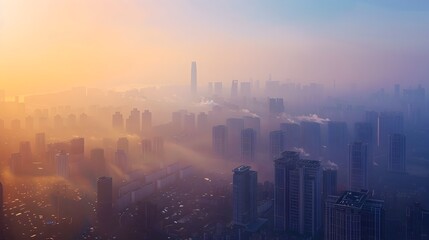 Fototapeta premium Contrasting Cityscapes:Bustling Urban Skyline Juxtaposed with Smog-Filled Skies,Showcasing the Impact of Air Pollution