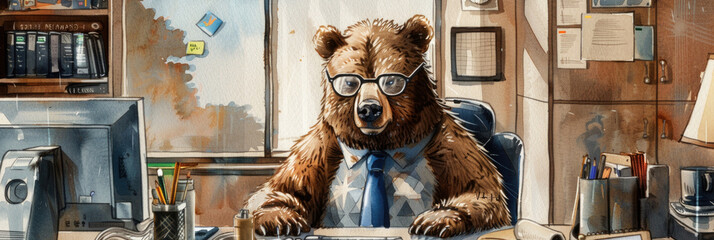 A painting featuring a bear wearing glasses seated at a desk - obrazy, fototapety, plakaty