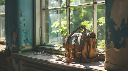 A school bag resting against a window sill in a sunlit classroom, ready for learning.
