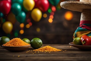 Mexican sombrero hat and ingredients for mexican cuisine on wooden background