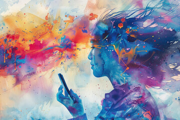 A painting of a woman holding a cell phone to her ear, engaged in a phone call