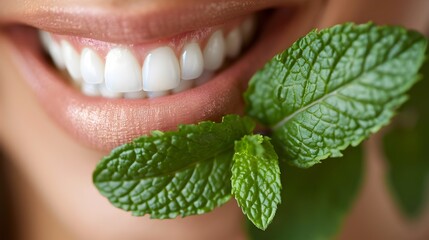 Radiant Smile with Refreshing Mint Leaf Contrast for Clean and Healthy Lifestyle - obrazy, fototapety, plakaty