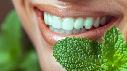 Radiant Smile Contrasting with Fresh Mint Leaf for Clean,Refreshing Feel - obrazy, fototapety, plakaty