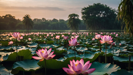 Beautiful pink lotus flower close up in pond at red lotus lake, Udonthani
