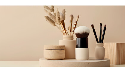 Decorative cosmetics with brushes and podiums on beige background