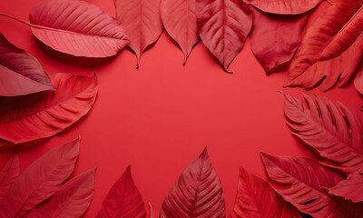 Red tropical leaves on blank background. Creative layout, top view, blank space, Minimal summer concept.