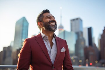 Portrait of a grinning indian man in his 40s dressed in a stylish blazer in vibrant city skyline