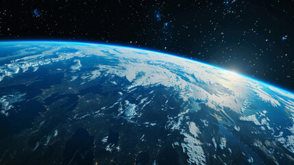 A luminous scene of the Earth against a dark blue space background, viewed from outer space