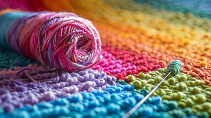 Yarn, wool and knitting needles on on colorful background - obrazy, fototapety, plakaty