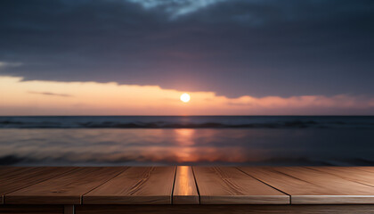 Fototapeta na wymiar Beach sunrise with empty wooden chill