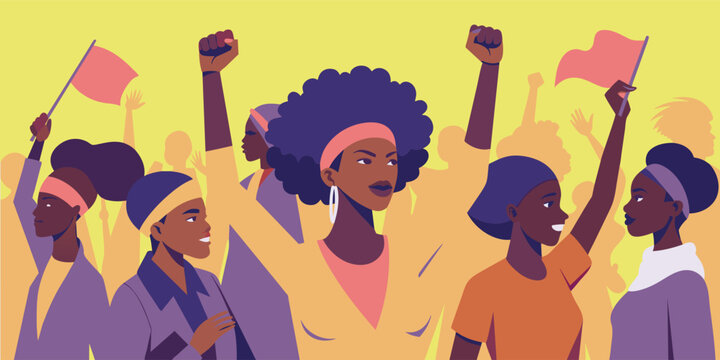 Illustration of an african woman with pride, raised fist high, celebrating black history month and juneteenth