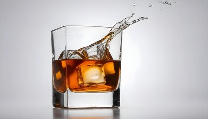 A glass of whiskey with splashes from the ice cube