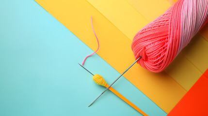 Yarn, wool and knitting needles on on colorful background