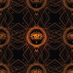 Sacred geometry seamless pattern with all seeing eye isolated on white. Mystic, alchemy, occult. Design for indie music album cover, t-shirt print, boho poster, flyer. Astrology, shamanism, religion.