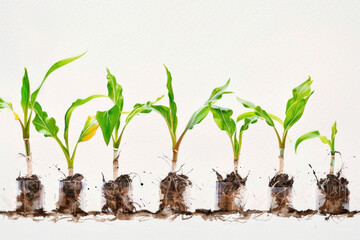 A row of plants emerging from the soil, showing the stages of growth from sprouting to full greenery under the sunlight