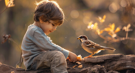 A little boy sits on the edge of an old tree trunk feeding birds with some food