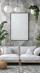Mockup poster blank frame hanging above a Sleeper Sofa in aliving room, modern interior minimalist style