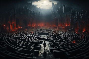 A man stands in the center of a maze constructed within a room. The complex design creates a puzzling environment for the individual - obrazy, fototapety, plakaty