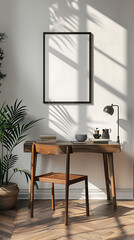 Mockup poster blank frame hanging above a Secretary Desk in aliving room, modern interior minimalist style