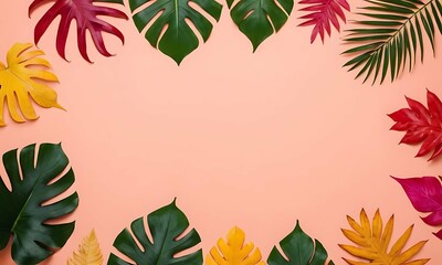 Fototapeta na wymiar Colorful tropical leaves on blank background. Creative layout, top view, blank space, Minimal summer concept.