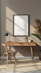 Mockup poster blank frame hanging above a Floating Desk in aliving room, modern interior minimalist style