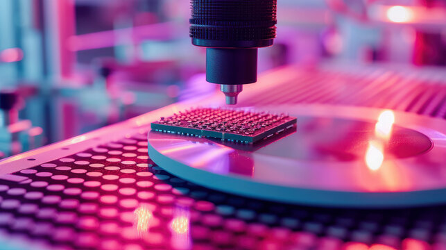 Close-up of Silicon Die extracted from Semiconductor Wafer, attached to Substrate by Pick and Place Machine. Hyper realistic photo with copy space. AI generative enhances detail.