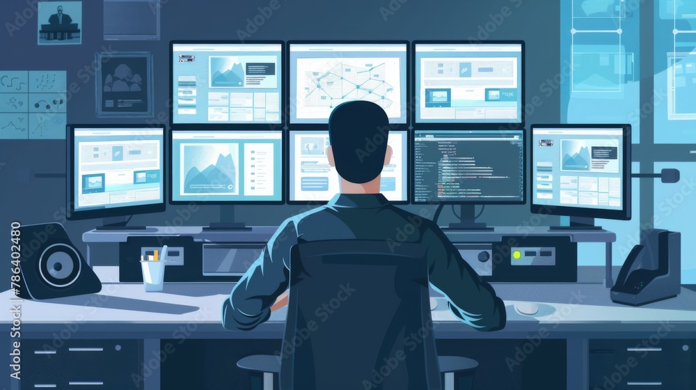 Poster network security analyst monitoring systems in a modern control room