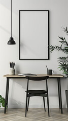 Mockup poster blank frame hanging above a Workbench in aliving room, modern interior minimalist style