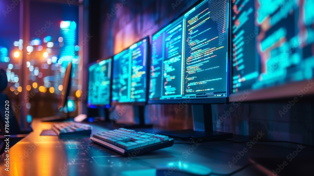 Poster row of computer monitors on desk