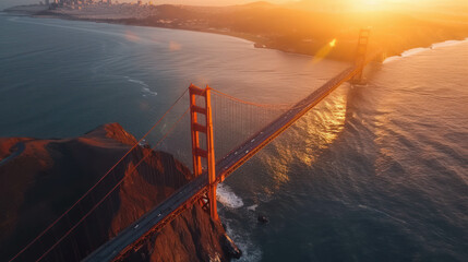 Step into breathtaking aerial view of Golden Gate Bridge, adorned with golden light. AI generative magic unfolds. - obrazy, fototapety, plakaty
