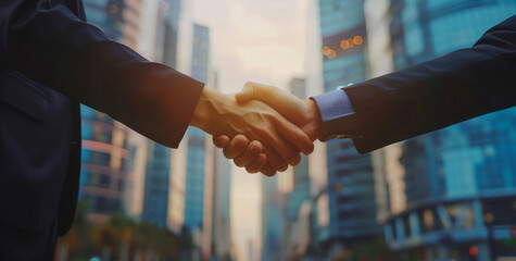 Business, people and handshake in city outdoor for success on deal, teamwork and collaboration. Hands, partnership and achievement with congratulations, agreement and respect in New York downtown - obrazy, fototapety, plakaty