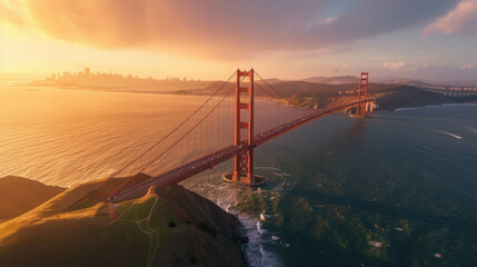 Step into breathtaking aerial view of Golden Gate Bridge, adorned with golden light. AI generative magic unfolds. - obrazy, fototapety, plakaty