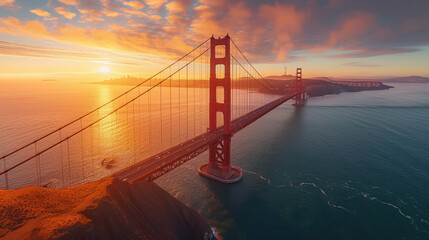 Experience Golden Gate Bridge's grandeur from above, bathed in golden light. AI generative aerial photography. - obrazy, fototapety, plakaty