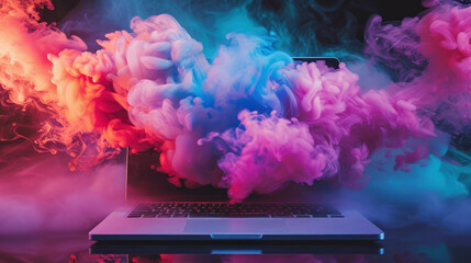 Experience the fusion of technology and creativity as colorful smoke dances around a laptop on a black background. A visual treat showcasing modern digital art. AI generative innovation in action. - obrazy, fototapety, plakaty