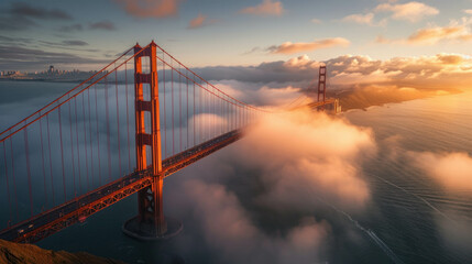 Aerial shot capturing grandeur of Golden Gate Bridge, spanning San Francisco Bay, golden lighting overhead. AI generative magic. - obrazy, fototapety, plakaty